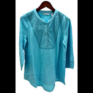 Isaac Mizrahi Live! Knit Half Placket Cascade Top Eyelet Detail Blue - Regular